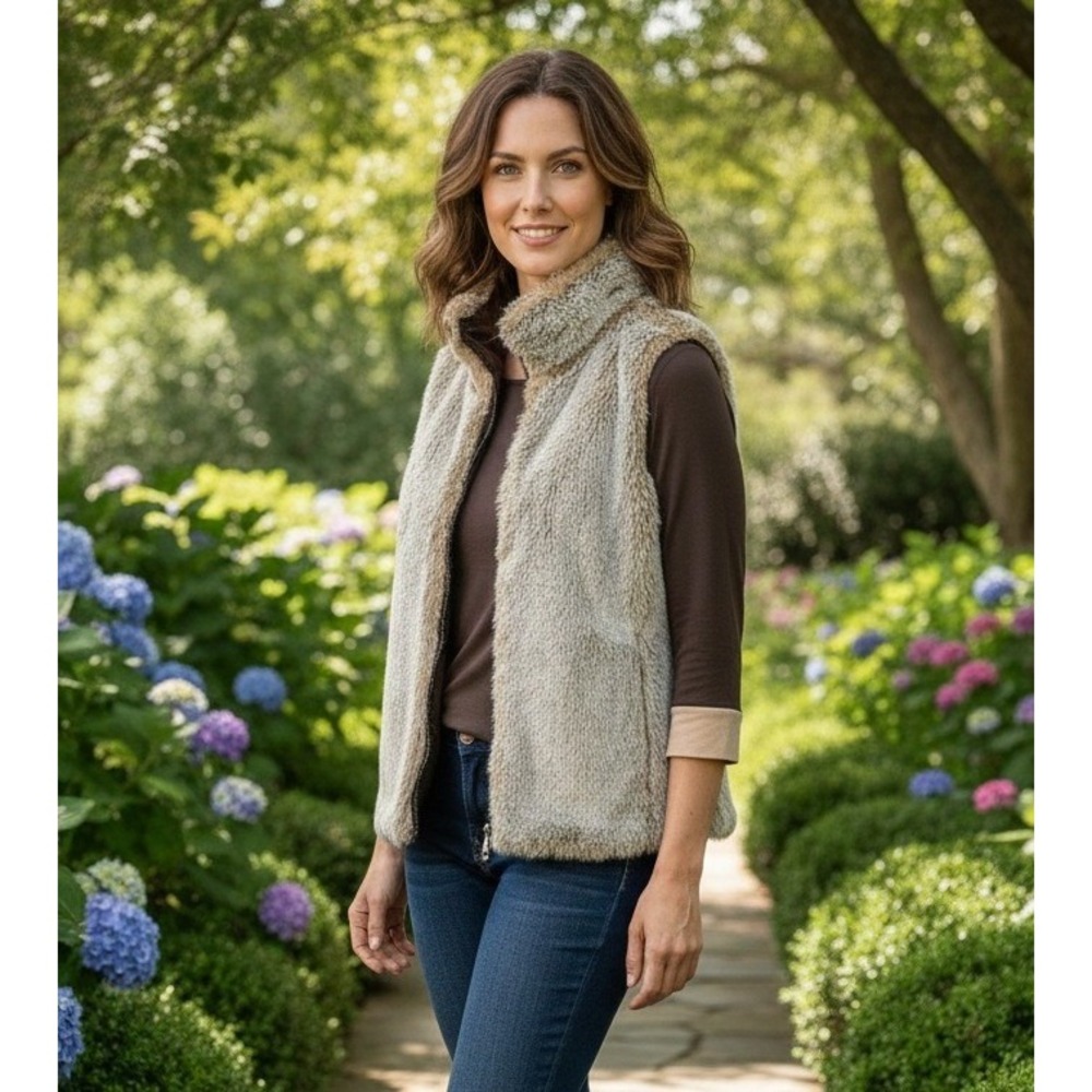 Women's Reversible Faux Fur Vest Brown Full Zip Stand Collar Pockets Size‎ L? - Picture 1 of 8